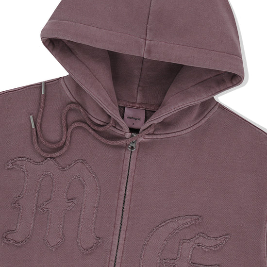 Mahagrid Big Gothic Cut Off Pigment Zip-Up Hoodie in Burgundy