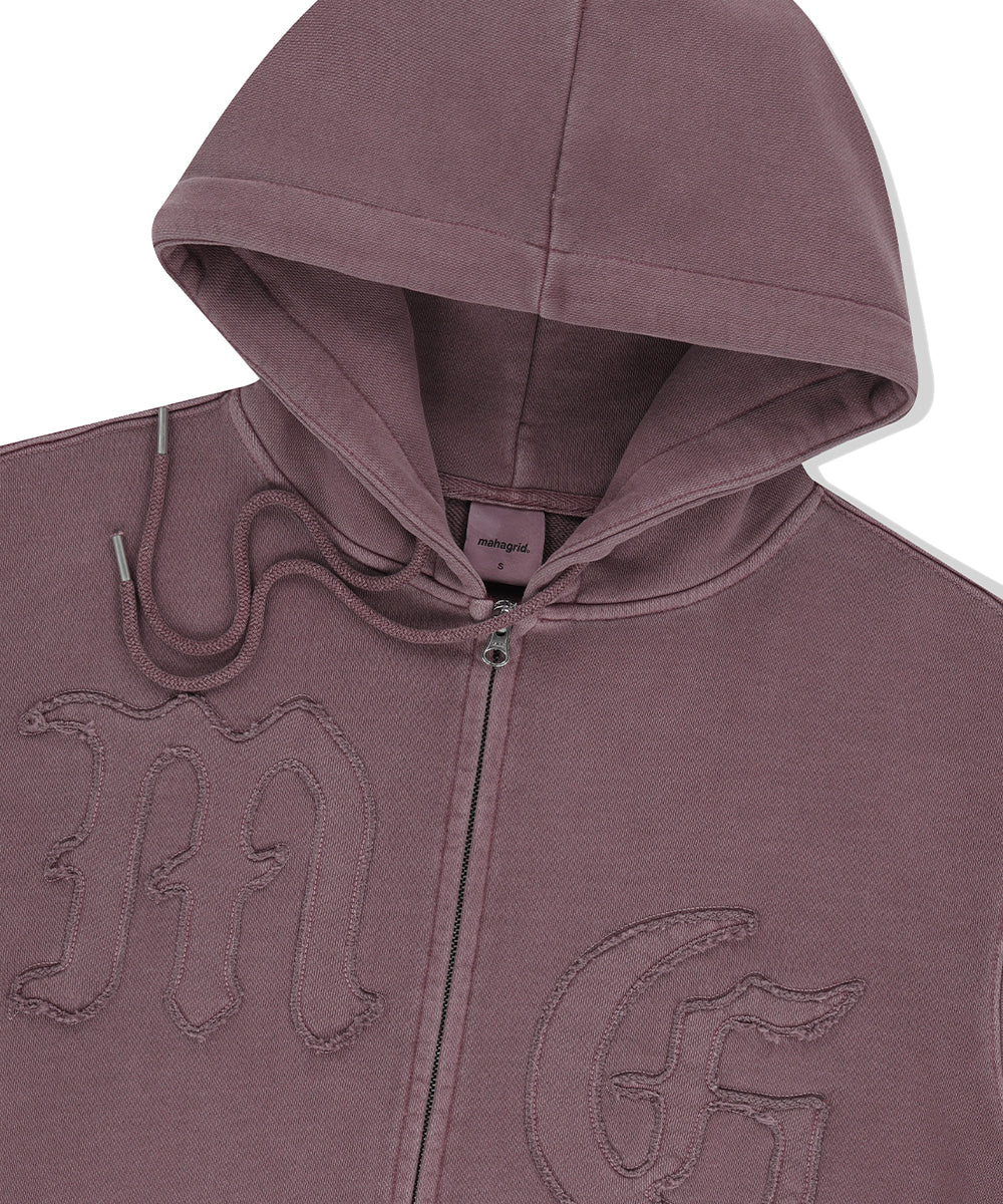 Mahagrid Big Gothic Cut Off Pigment Zip-Up Hoodie in Burgundy