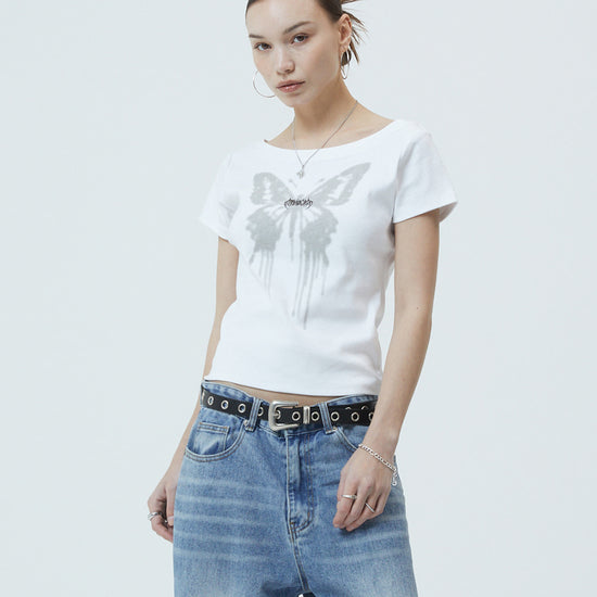 Mahagrid Butterfly Goth Wide Neck Crop Tee