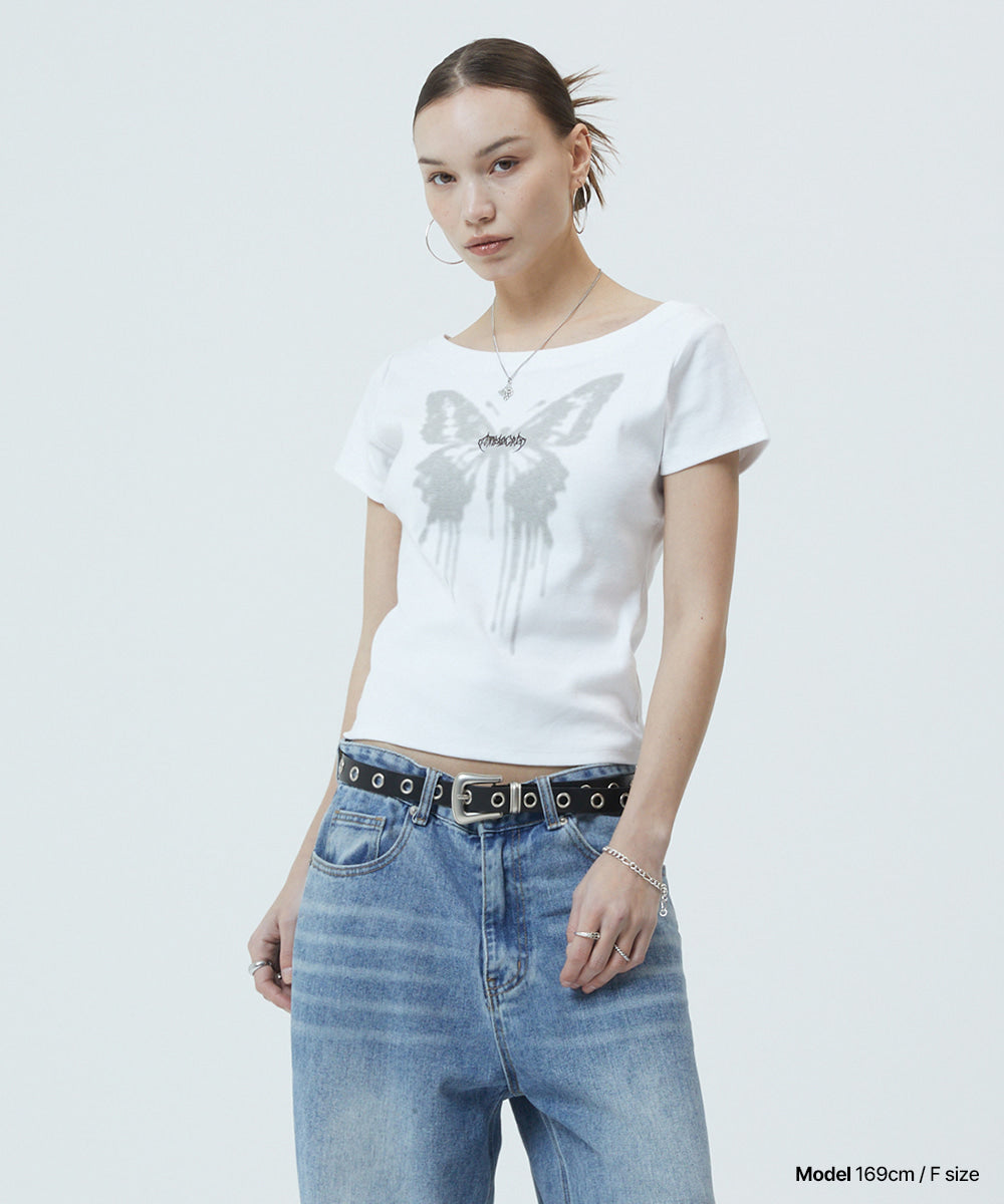 Mahagrid Butterfly Goth Wide Neck Crop Tee
