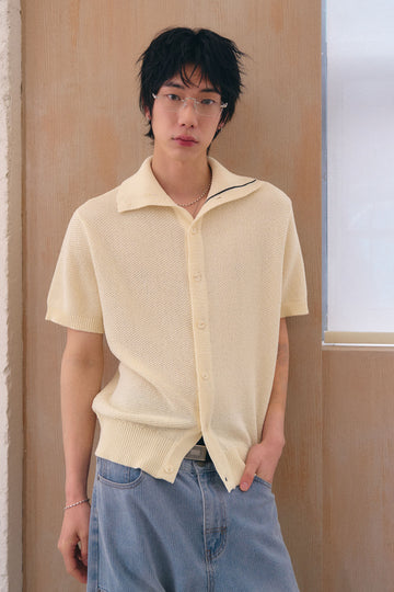 General Idea UNISEX Colour Block Line Collar Cardigan [IVORY]