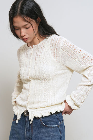 General Idea WOMAN Bouclé Punching Ruffle Cardigan [IVORY]
