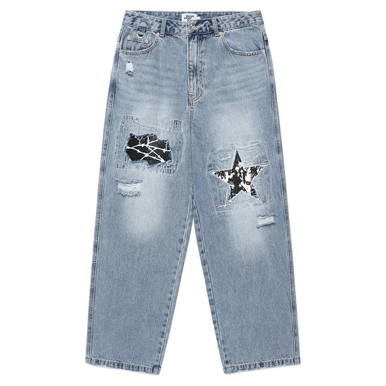 Cavish Damaged Star Denim Pants [Blue]