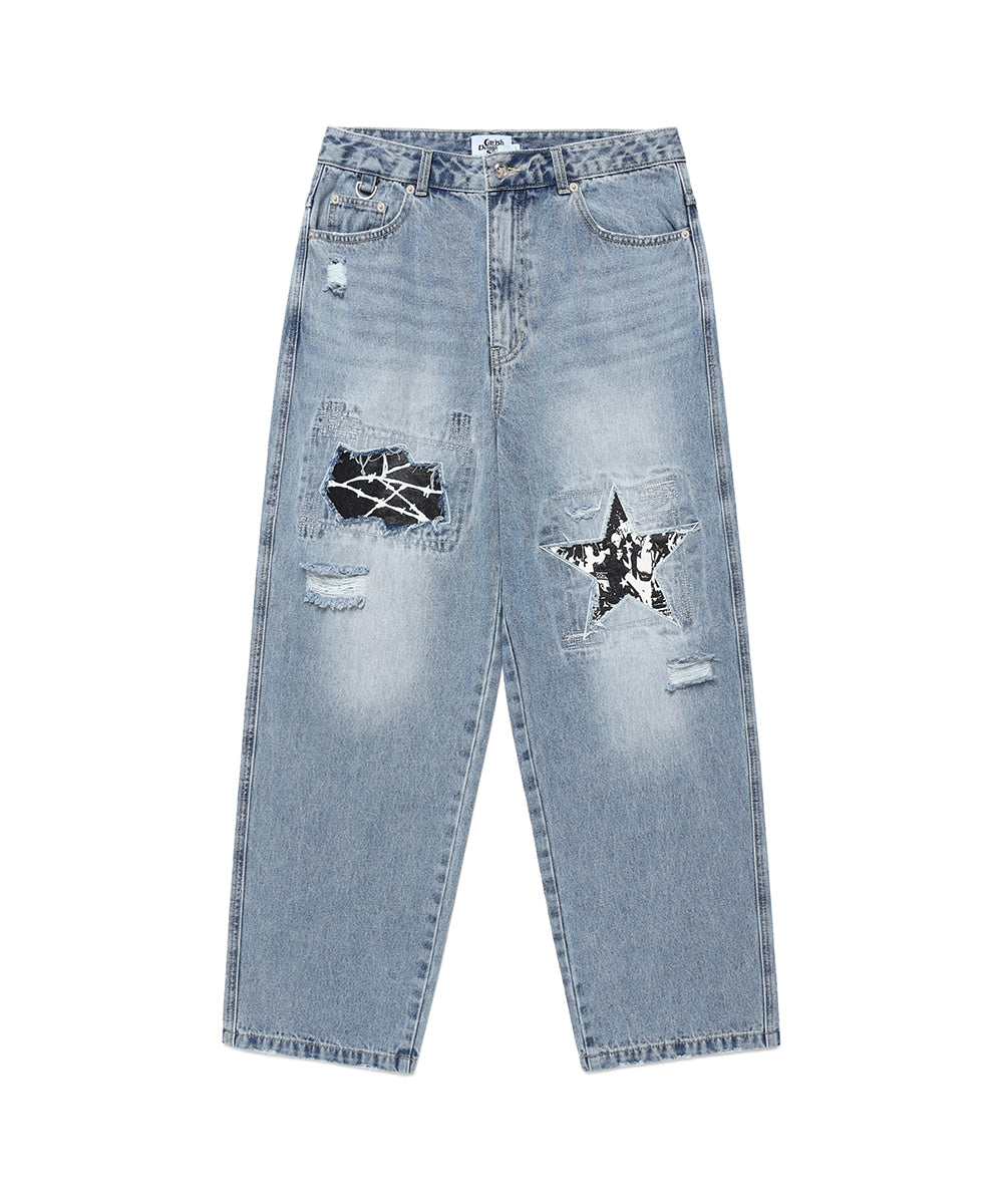 Cavish Damaged Star Denim Pants [Blue]
