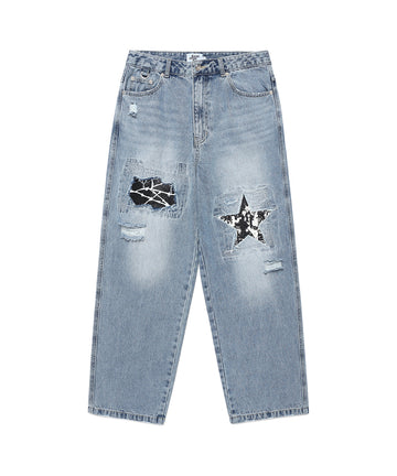 Cavish Damaged Star Denim Pants [Blue]