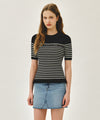 Marithé François Girbaud W RUFFLE POINT STRIPE HALF KNIT PULLOVER black