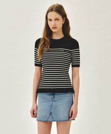Marithé François Girbaud W RUFFLE POINT STRIPE HALF KNIT PULLOVER black