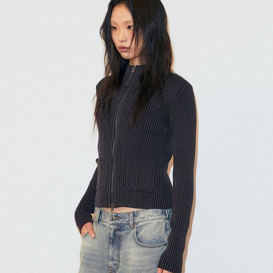 Mahagrid Two Tone Zip Up Cardigan