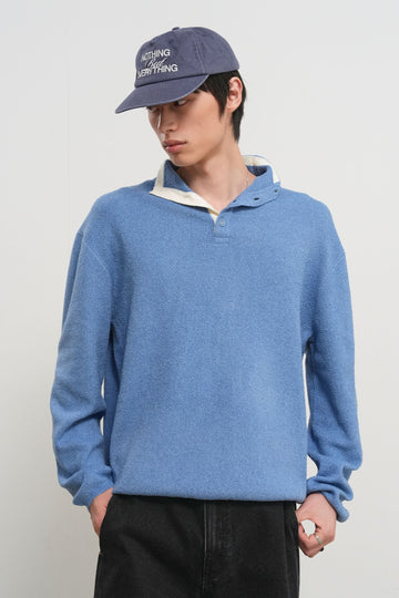 General Idea [XXL Exclusive] Unisex Color-Block Collar Henry Neck Knit [Light Blue]