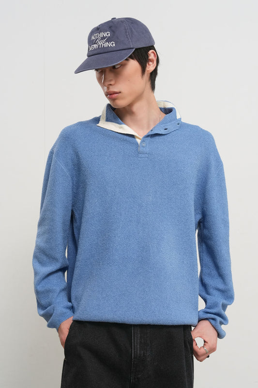 General Idea [XXL Exclusive] Unisex Color-Block Collar Henry Neck Knit [Light Blue]