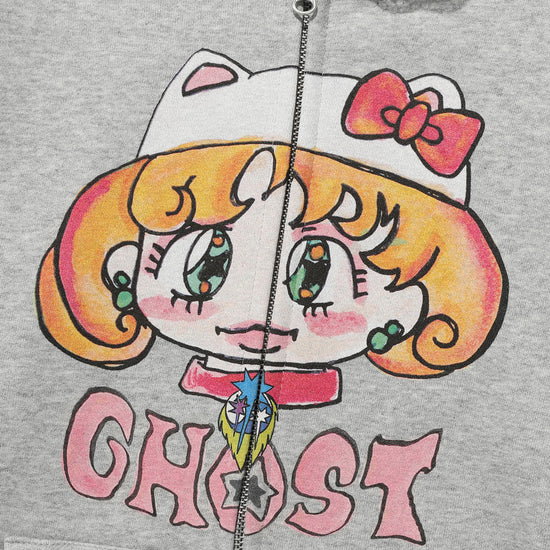 Nice Ghost Club Soul Pussy Cat Ghost Soul Girl Cat Hoodie Zip Up Grey