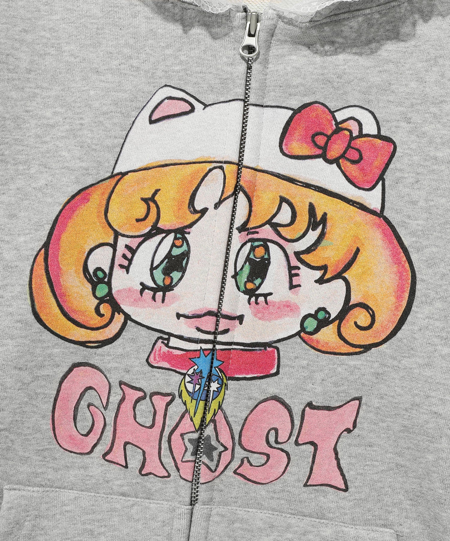 Nice Ghost Club Soul Pussy Cat Ghost Soul Girl Cat Hoodie Zip Up Grey