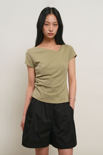 General Idea WOMAN Drape Shirring Short Sleeve T-Shirt [LIGHT KHAKI]