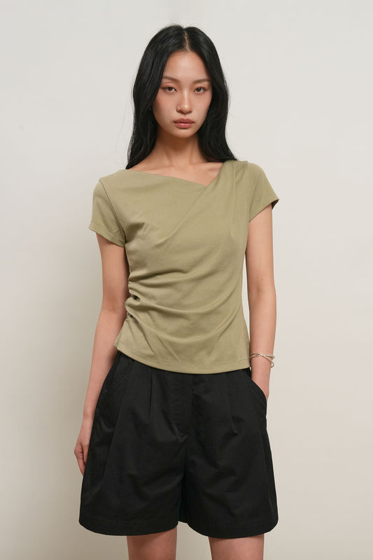 General Idea WOMAN Drape Shirring Short Sleeve T-Shirt [LIGHT KHAKI]