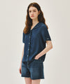 Marithé François Girbaud W SAILOR COLLAR SHORT SLEEVE CHAMBRAY SHIRT dark blue