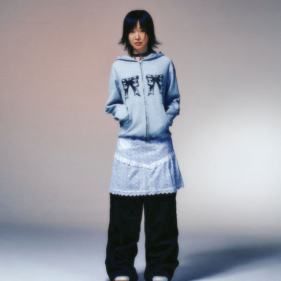 Nice Ghost Club Skull Ribbon Waffle Hoodie Zip Up [Grey]