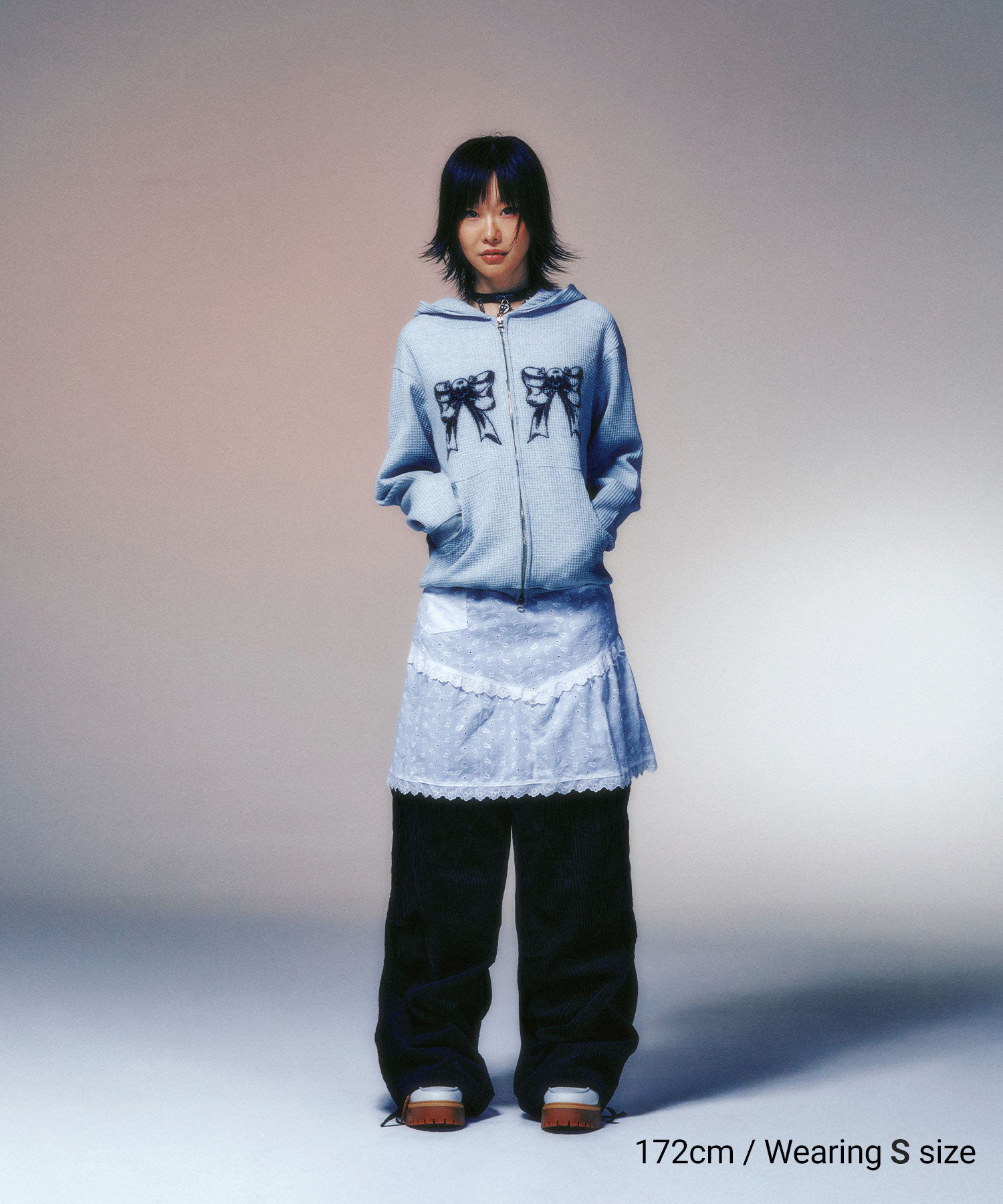 Nice Ghost Club Skull Ribbon Waffle Hoodie Zip Up [Grey]