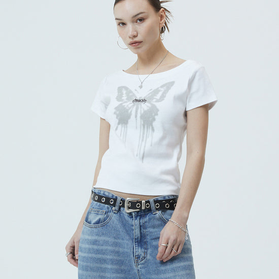 Mahagrid Butterfly Goth Wide Neck Crop Tee