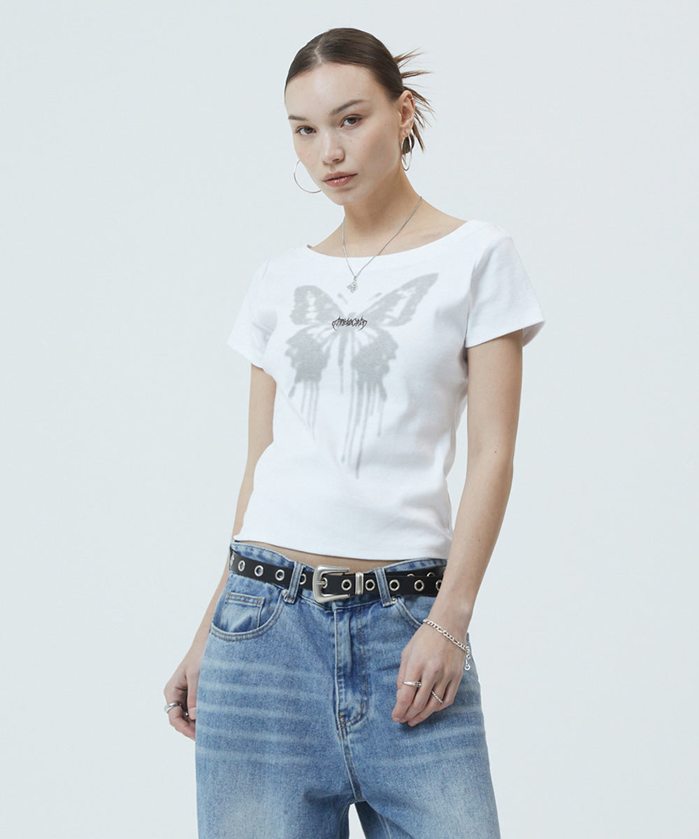 Mahagrid Butterfly Goth Wide Neck Crop Tee