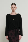 General Idea WOMAN Tie-Up Relaxed Fit Boat Neck T-Shirt [BLACK]