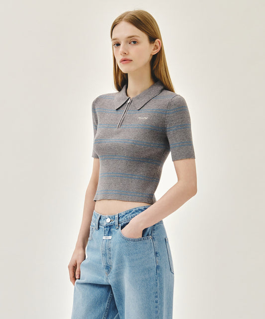 Marithé François Girbaud W STRIPE HALF ZIP UP SLIM KNIT