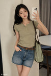 General Idea WOMAN Snap Henley Neck T-Shirt [KHAKI]