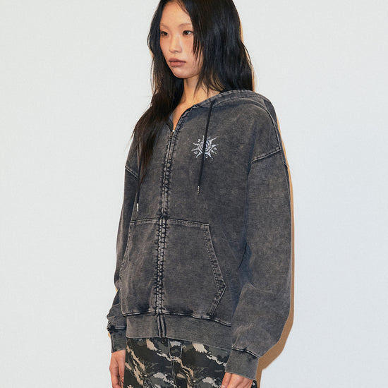 Mahagrid Washed Solar Applique Zip Up Hoodie