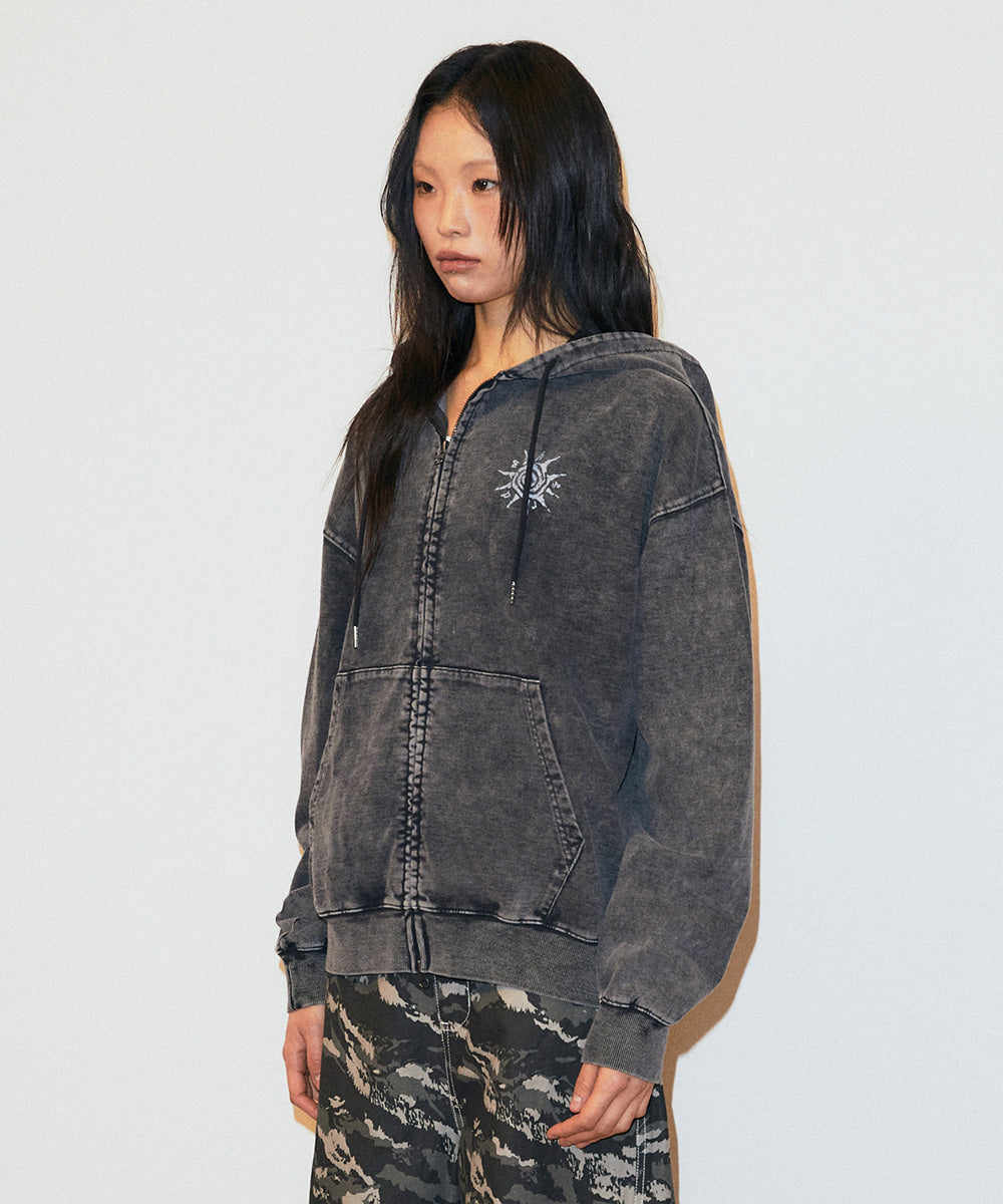 Mahagrid Washed Solar Applique Zip Up Hoodie