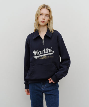 Marithé François Girbaud Baseball Logo Collar Half Zip Sweatshirt Navy