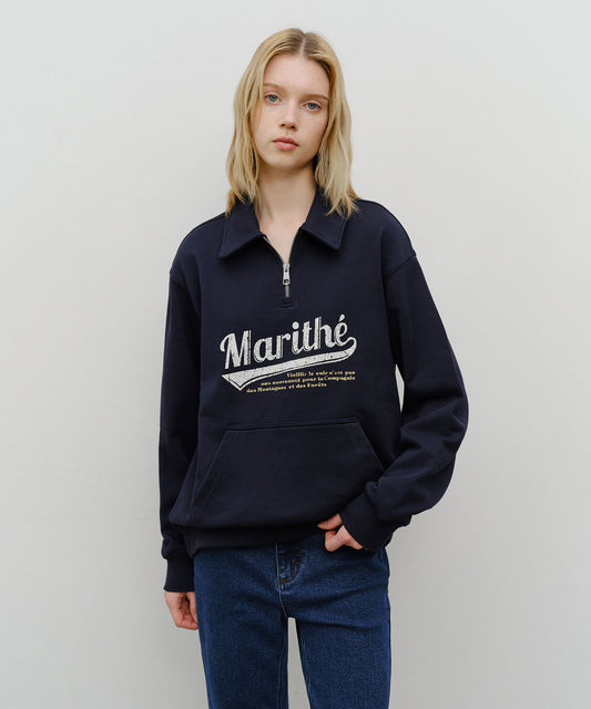 Marithé François Girbaud Baseball Logo Collar Half Zip Sweatshirt Navy