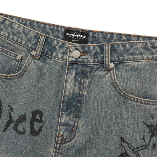 Nice Ghost Club Doodle Graphic Wide Jeans