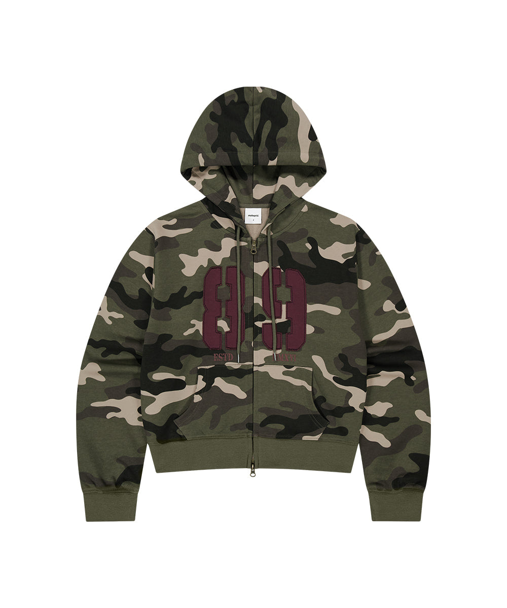 Mahagrid Camo Applique Crop Zip Up Hoodie