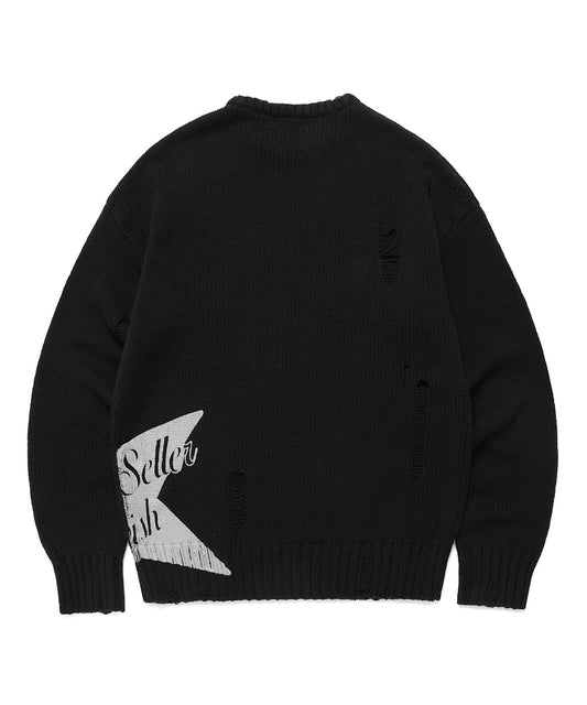 Cavish W DAMAGED STAR KNIT CREWNECK [BLACK]