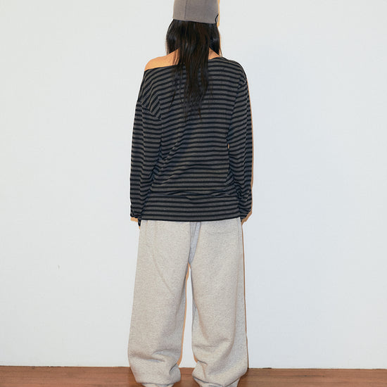 Mahagrid Stripe Present One Shoulder Long Sleeve Tee in Charcoal