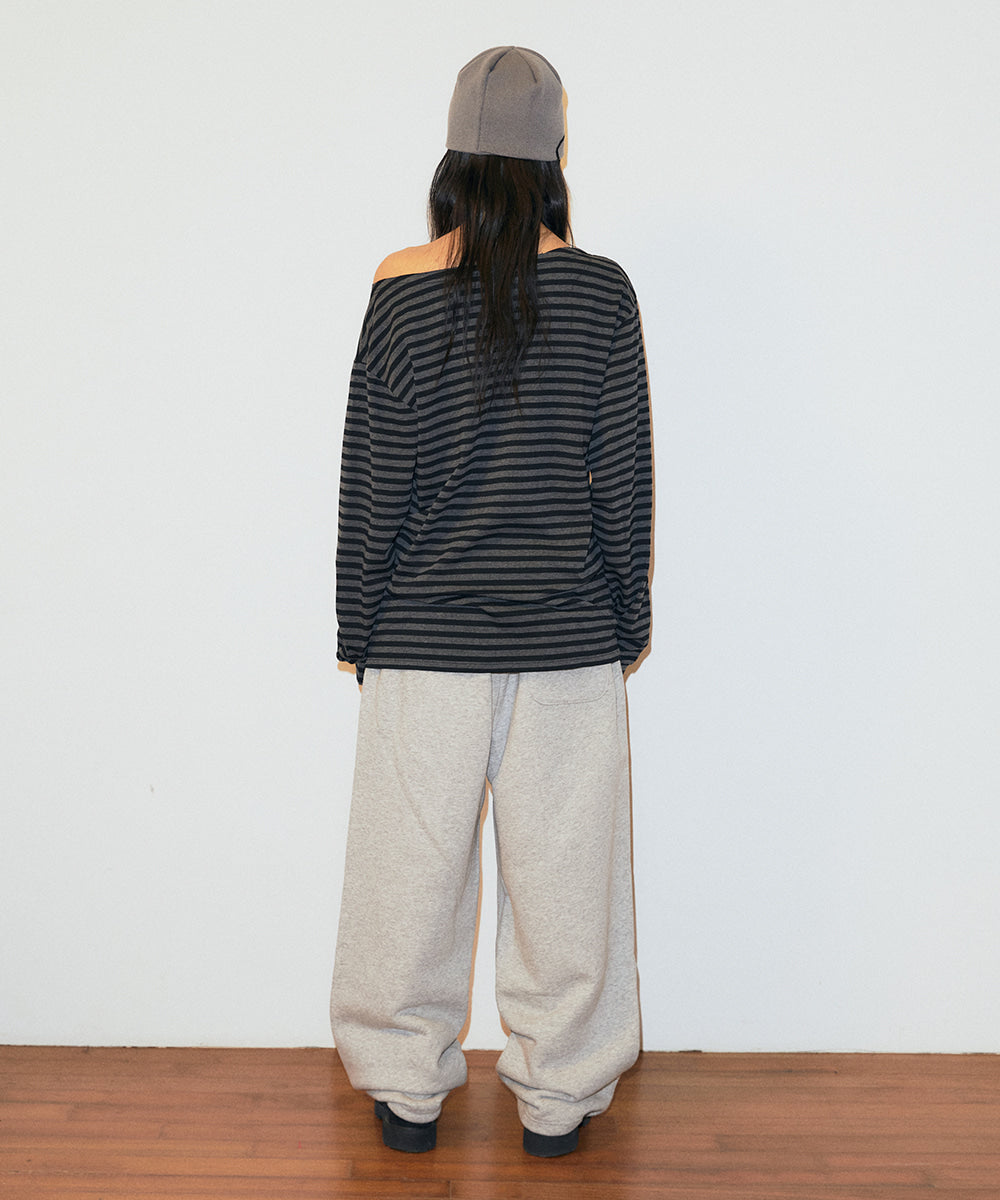 Mahagrid Stripe Present One Shoulder Long Sleeve Tee in Charcoal
