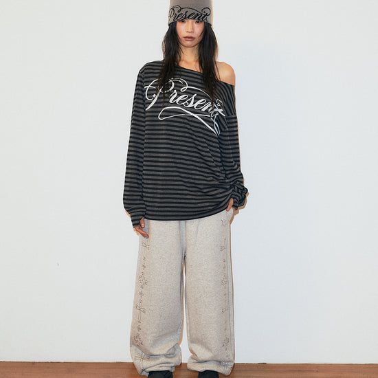 Mahagrid Stripe Present One Shoulder Long Sleeve Tee in Charcoal