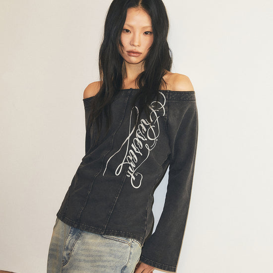 Mahagrid Washed Cut Out Present Off Shoulder Tee in Black