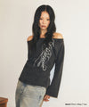 Mahagrid Washed Cut Out Present Off Shoulder Tee in Black
