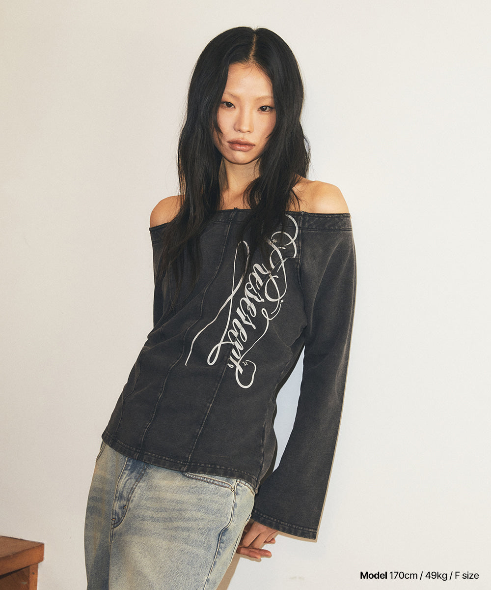 Mahagrid Washed Cut Out Present Off Shoulder Tee in Black
