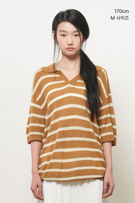 General Idea UNISEX One-Button Collar Stripe Half Knit
