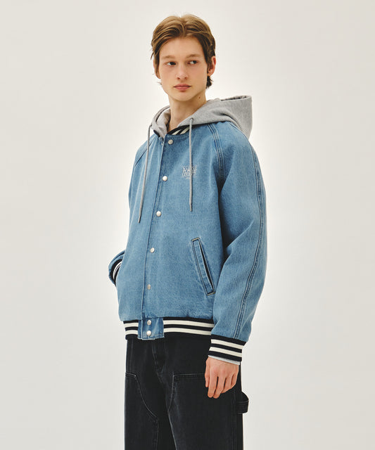 Marithé François Girbaud CLASSIC LOGO RAGLAN DENIM VARSITY JACKET light blue