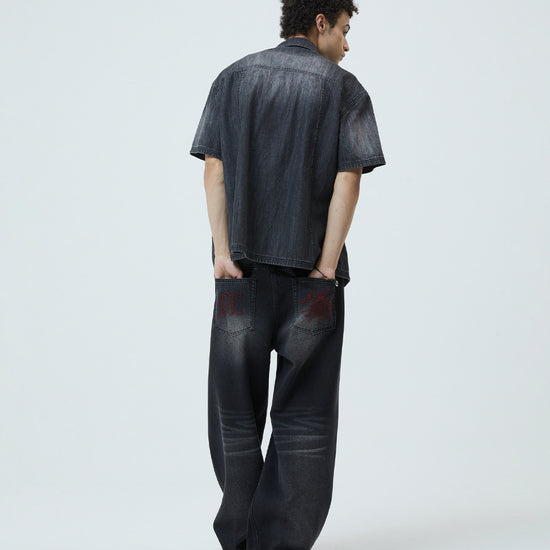 Mahagrid Denim Stud Half Shirt [Black]