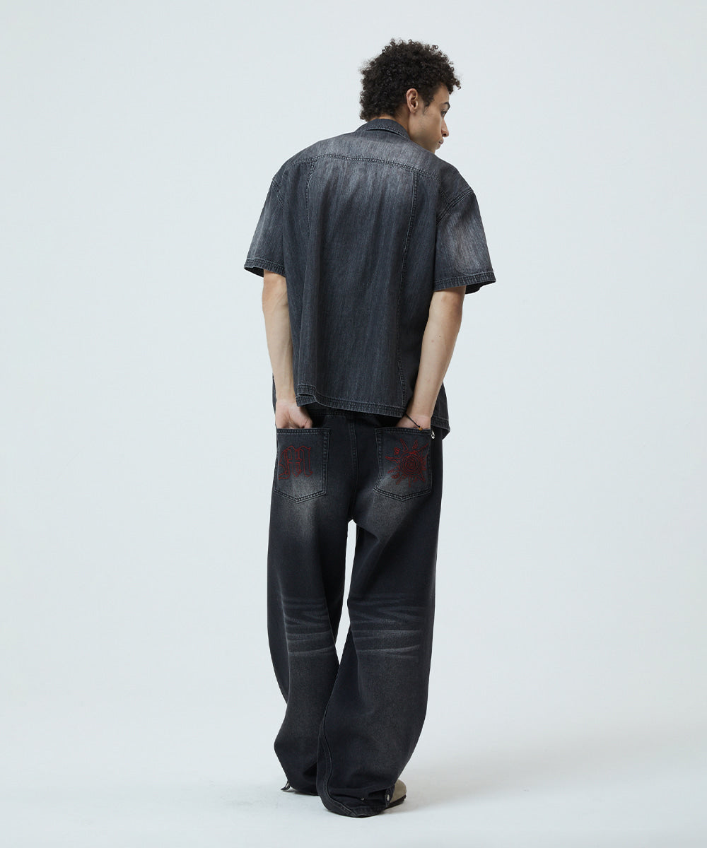 Mahagrid Denim Stud Half Shirt [Black]