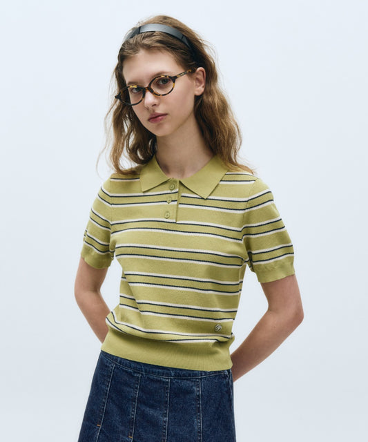 Marithé François Girbaud Women's Half Sleeve Striped Polo Knit Olive