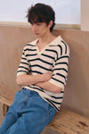 General Idea UNISEX One-Button Collar Stripe Half Knit