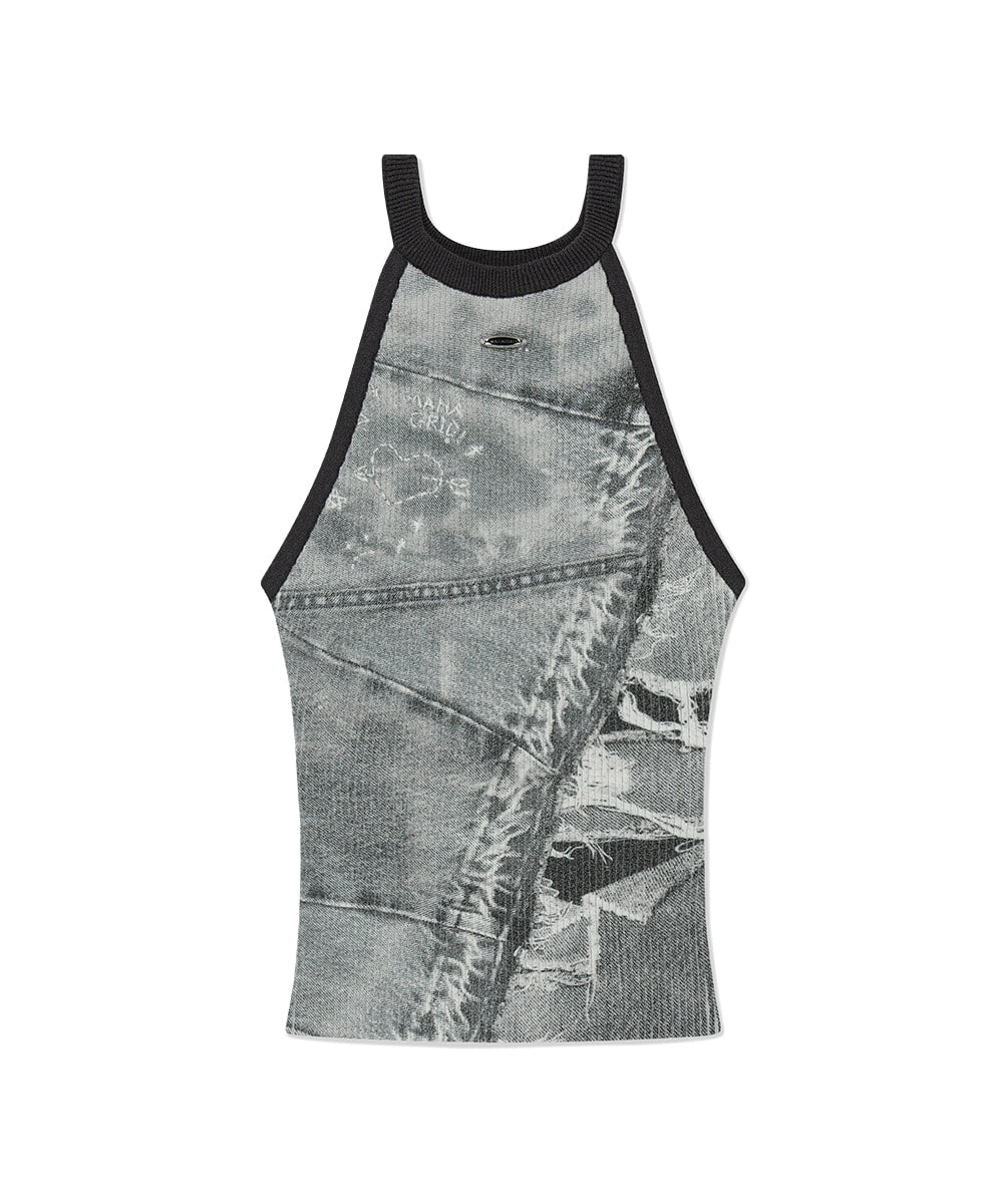 Mahagrid Denim Printed Halter Knit