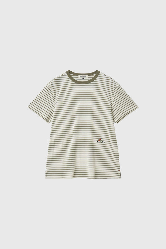 General Idea MAN Minimalist Embroidered Stripe Short Sleeve T-Shirt [OLIVE]