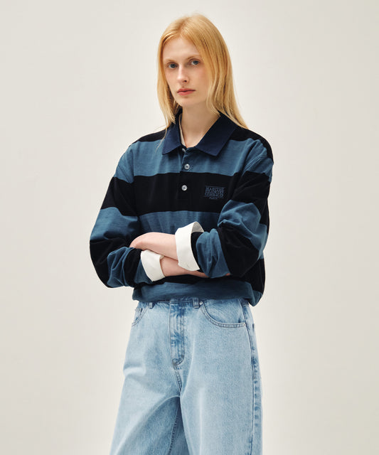 Marithé François Girbaud WASHED DENIM COLLAR LONG SLEEVE TEE blue