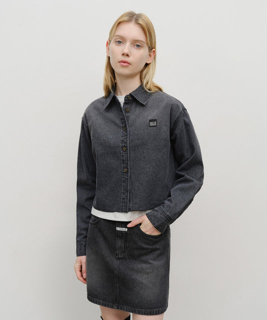 Marithé François Girbaud W Heritage Lettering Logo Denim Crop Shirt Black