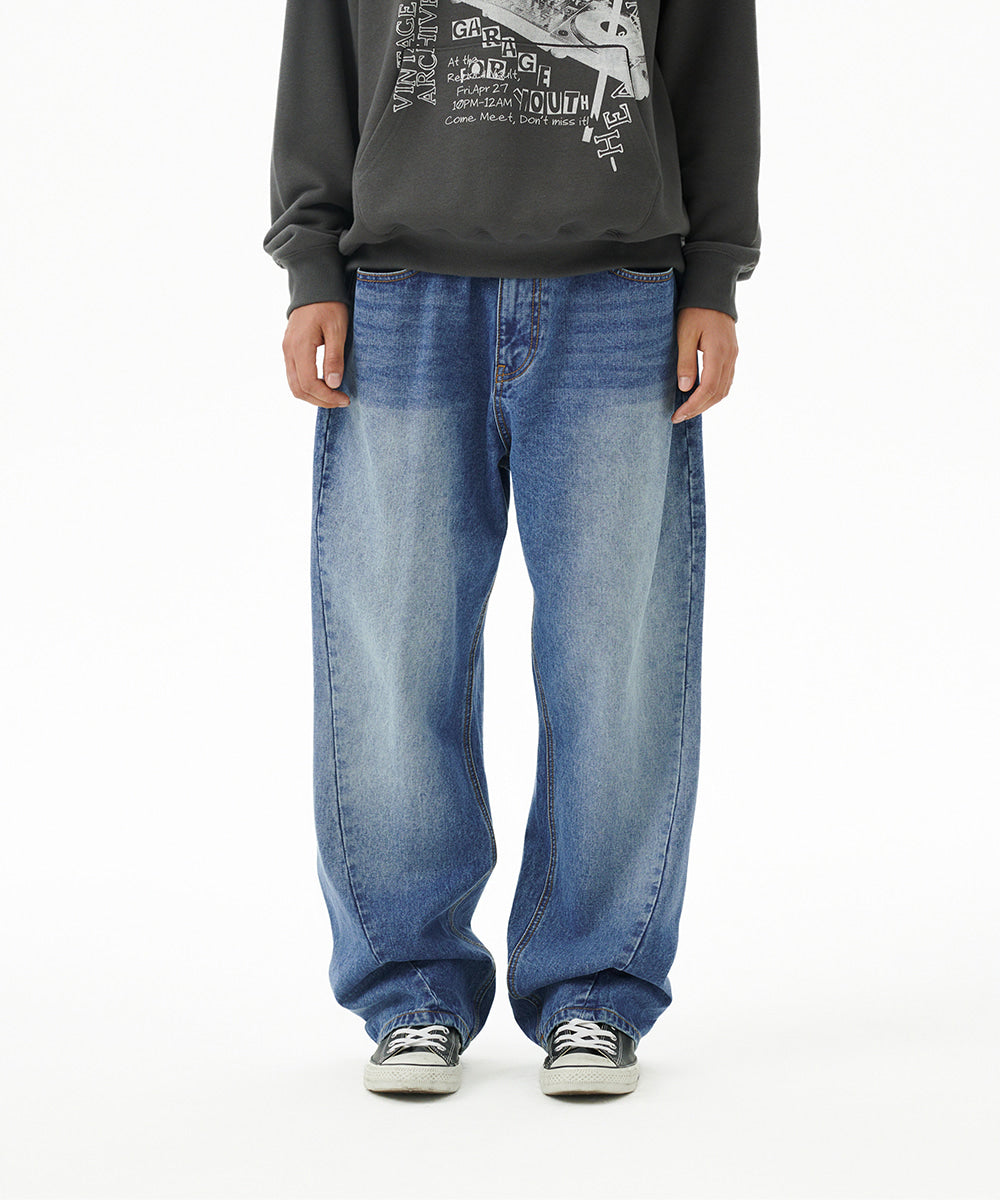Mahagrid Back Logo Washed Denim Pants [Blue]